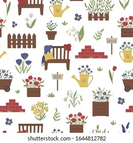 Vector seamless pattern with garden bench, flowers, flower beds, herbs, plants. Repeat background with gardening rest concept. Flat spring texture