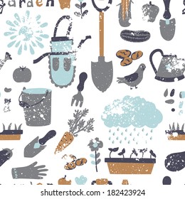 Vector seamless pattern with garden elements: cucumber, tomato, eggplant, potato, peppers, corn, flowers, watering can, shovels, apron, bucket, apron, plants and others. Vintage backdrop.