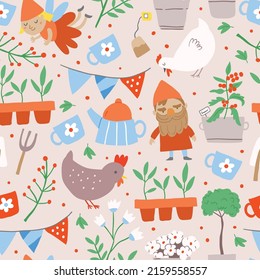 vector seamless pattern with garden elements - pants, garden tools and party decor, tea pot, tea cups with chicken, dwarf, gnome on beige background. garden party background