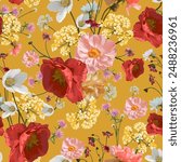 Vector Seamless Pattern. Garden flowers. Magical flowers on yellow background. Realistic vector image. Print for all types of surfaces. Trendy print. 