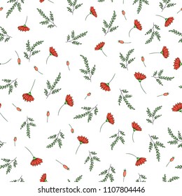 Vector seamless pattern of garden flowers and herbs. Hand drawn cartoon style repeat background. Cute summer or spring endless backdrop for wedding, holiday or card design