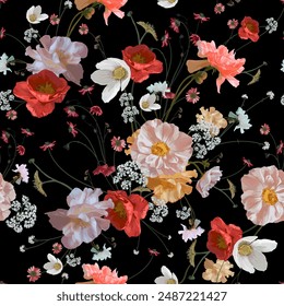 Vector Seamless Pattern. Garden flowers. Magical flowers on black background. Realistic vector image. Print for all types of surfaces. Trendy print. 