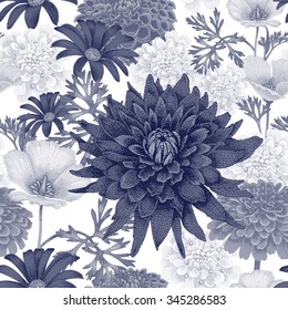 Vector seamless pattern with garden flowers. Floral illustration in vintage style for decoration fabrics, textiles, paper, wallpaper. Black and white.