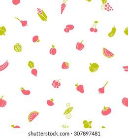 Vector seamless pattern with garden icons. Fruits, vegetables and other plants. Harvest background.