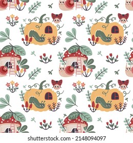 Vector seamless pattern with garden insects. Worms, ladybug, snail on pumpkin and mushroom, leaves, flowers, plants, mushroom