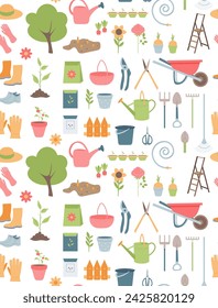 Vector seamless Pattern of garden items. Gardening Tools. Horticulture and farm concept.