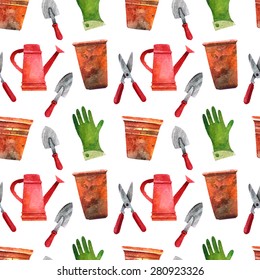 Vector seamless pattern with garden objects. The pattern in watercolor style. Vintage watercolor pattern on the garden theme.