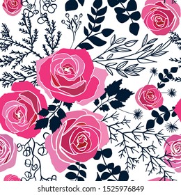 Vector seamless pattern with garden roses flowers hand drawn. Floral design illustration for cosmetics, greeting card , wedding invitation, fabric or wrapping paper.