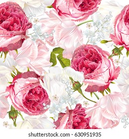 Vector seamless pattern with garden roses and tulip flowers on white background. Background romantic design for cosmetics, perfume, greeting card, wedding invitation. Best for fabric or wrapping paper