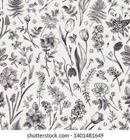 Vector seamless pattern with garden spring and summer flowers. Botanical illustration. Black and white.