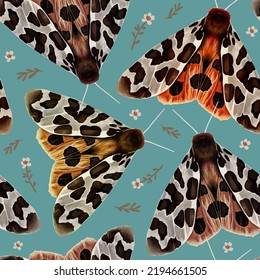 Vector seamless pattern with the garden tiger moth or Arctia caja. Beautiful butterfly colorful hand drawn illustration.