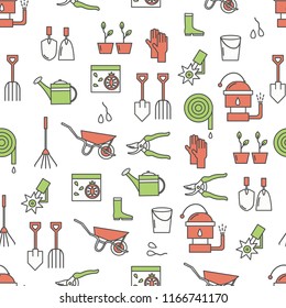 Vector seamless pattern with garden tools, equipment and clothing. Thin line art flat style design gardening background, wallpaper.