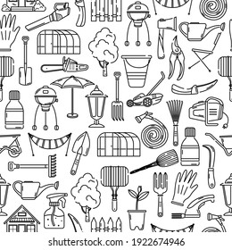 The vector seamless pattern with garden tools. Background.