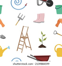 Vector seamless pattern of garden tools. Harvest.  Gardening.