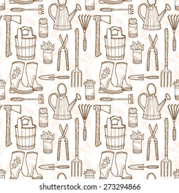 Vector seamless pattern with garden tools. Hand drawn vector illustration.