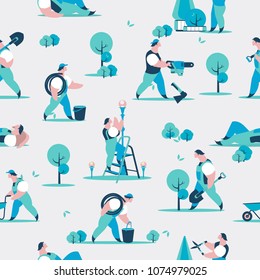 vector seamless pattern gardeners garden work, help different poses
