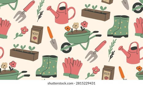 Vector seamless pattern with gardening elements in a naive style on light background. Gardening and horticulture texture for wallpaper and fabric.
