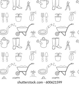 Vector seamless pattern of gardening equipment. Black and white