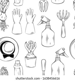 Vector seamless pattern of gardening tools and utensils isolated on a white background, garden maintenance, landscaping and hobby concept, sketch style, line art. Gloves, sprayer, flower