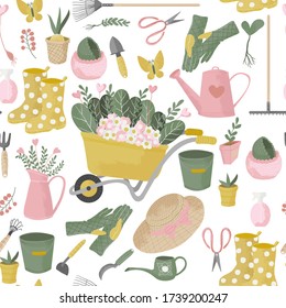 Vector Seamless Pattern With Gardening Tools. Hand Drawn Cute Flat Icon With Texture Or Garden Equipment And Flowers On White Background. Repeated Background For Wrapping, Textile Or Web.