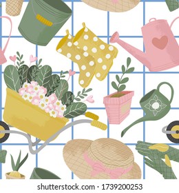 Vector seamless pattern with gardening tools. Hand drawn cute flat icon with texture or garden equipment and flowers. Repeated background for wrapping, textile or web.
