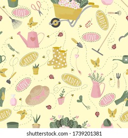 Vector seamless pattern with gardening tools. Hand drawn cute flat icon with texture or garden equipment and flowers. Repeated background for wrapping, textile or web.