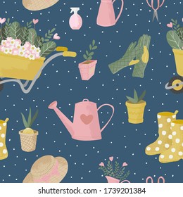 Vector seamless pattern with gardening tools. Hand drawn cute flat icon with texture or garden equipment and flowers on blue background. Repeated background for wrapping, textile or web.