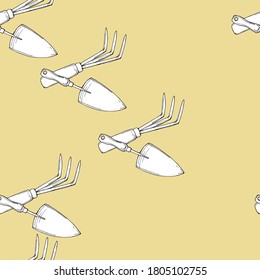 vector seamless pattern gardening tools duck and rake on yellow background