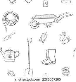 Vector seamless pattern with gardening tools. Outline texture in doodle style on topic of gardening, farming, agriculture, harvesting