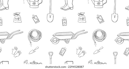 Vector seamless pattern with gardening tools. Outline texture in doodle style on topic of gardening, farming, agriculture, harvesting