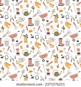 Vector seamless pattern with gardening tools. Hand drawn cute flat icon with texture or garden equipment and flowers on white background. Repeated background for wrapping, textile or web.