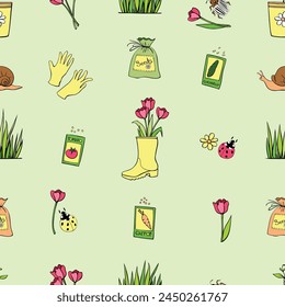 Vector seamless pattern of gardening tools for planting plants, spring flowers and garden insects. Bright cute texture in doodle flat style on topic of gardening, farming