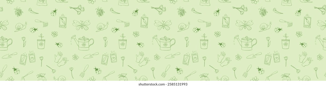 Vector seamless pattern of gardening tools for planting plants, spring flowers and garden insects. Green outline cute texture in doodle style on topic of gardening, farming