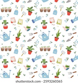 Vector seamless pattern with gardening tools, trowels, watering cans, young plants and blue flowers Springtime hands-on gardening texture for fabrics, packaging, wrapping paper, backgrounds
