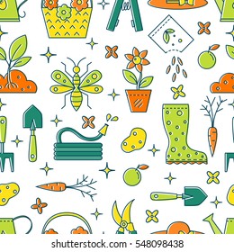 Vector seamless pattern of gardening tools and materials. Line icons  made in minimalist modern style. Flower and gardening. 