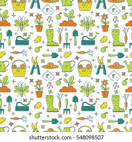 Vector seamless pattern of gardening tools and materials. Line icons  made in minimalist modern style. Flower and gardening. 