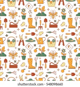 Vector seamless pattern of gardening tools and materials. Line icons  made in minimalist modern style. Flower and gardening. 