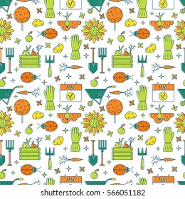Vector seamless pattern of gardening tools and materials. Line icons  made in minimalist modern style. Flower and gardening. 