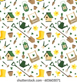 Vector seamless pattern with gardening tools in flat style, isolated on white background.