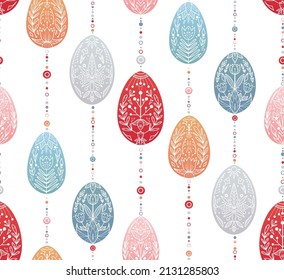 Vector seamless pattern with garlands of hanging Easter eggs with a folk pattern. Festive texture with a treat with a folk pattern on a white background. Backdrop for fabrics and wallpapers