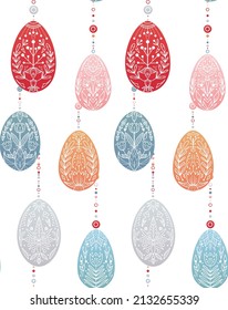 Vector seamless pattern with garlands of hanging Easter eggs with a folk pattern. Festive texture with a treat with a folk ornaments on a white background. Backdrop for fabrics and wallpapers