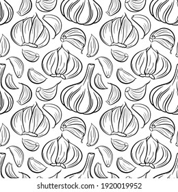 Vector seamless pattern with garlic bulb and garlic cloves. Garlic isolated on white background. For label, packaging, wrapping paper, wrap, textile etc.