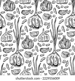 Vector seamless pattern with garlic bulb and garlic cloves. Garlic isolated on white background. For label, packaging, wrapping paper, wrap, textile etc.