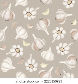 Vector seamless pattern with garlic and garlic cloves on a pale purple background in a flat style. Ideal for prints, wrapping paper, wallpaper, fabric, design.