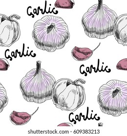 Vector seamless pattern with garlic on white background