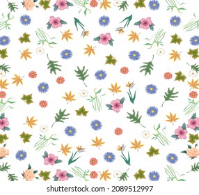 Vector seamless pattern. Garments illustration. Flower, leaves background. Boutique patterns