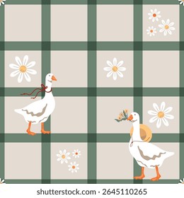 Vetor padrão sem emenda de gansos, aves domésticas e flores. Plano de fundo verificado. "Cottagecore".
