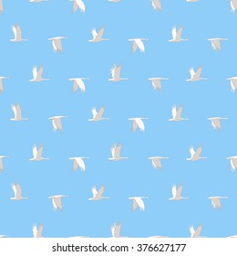 Vector seamless pattern with geese, hand-drawn pattern. geese flying in the blue sky. Seamless pattern can be used for wallpaper, pattern fills, web page background, surface textures. white on blue