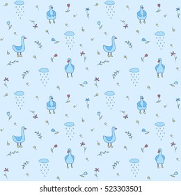 Vector seamless pattern - geese wearing boots and rain, raining clouds, flowers, leaves, branches, spring season, autumn season
