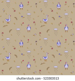 Vector seamless pattern - geese wearing boots and rain, raining clouds, flowers, leaves, branches, spring season, autumn season
